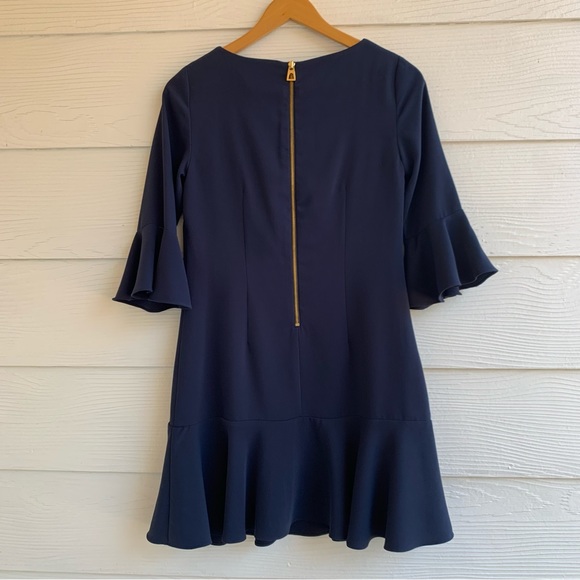 Sail to Sable Navy Blue Shift Dress size 2 M flared 3/4 Sleeves Zipper Ruffled - Picture 5 of 11
